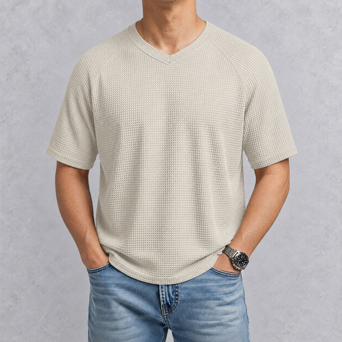 MERVAI ワッフルニット VネックTシャツ