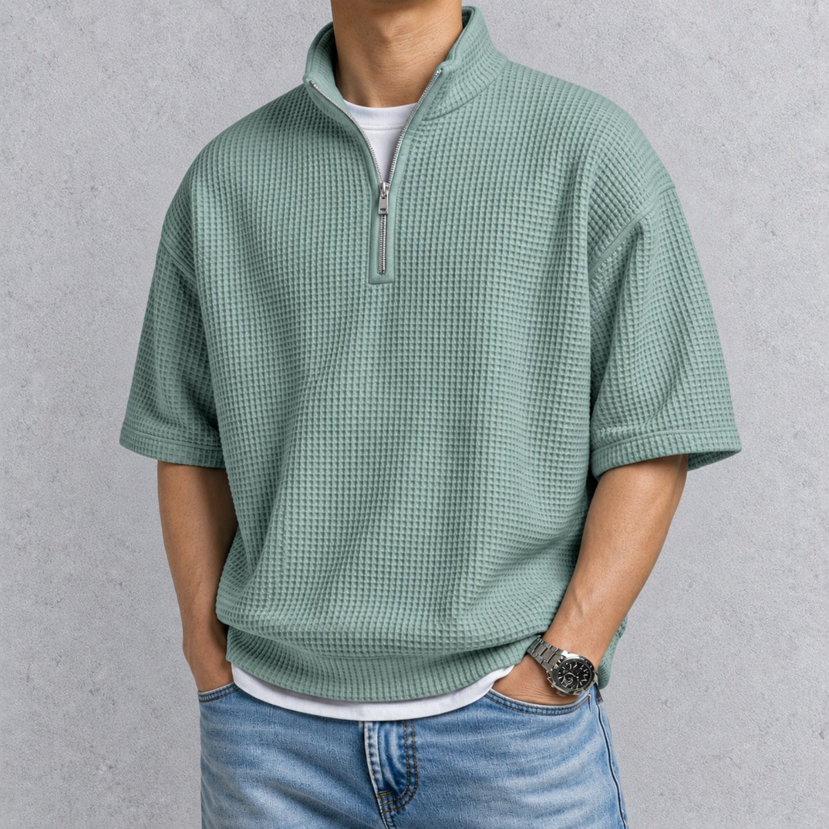 ZERVANO スタンドカラー ワッフルTシャツ