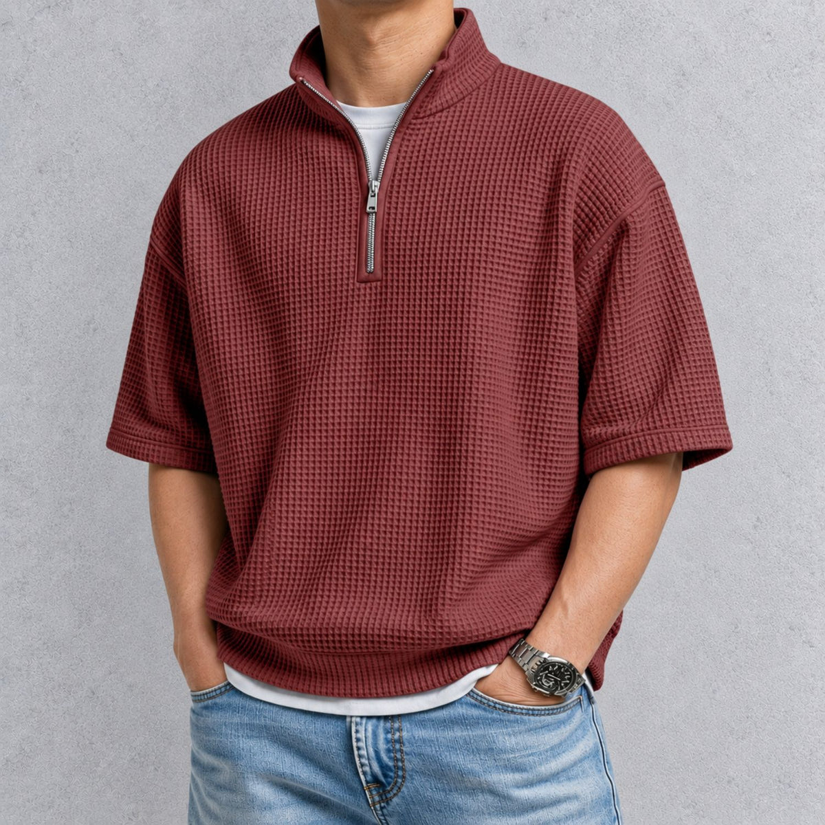 ZERVANO スタンドカラー ワッフルTシャツ