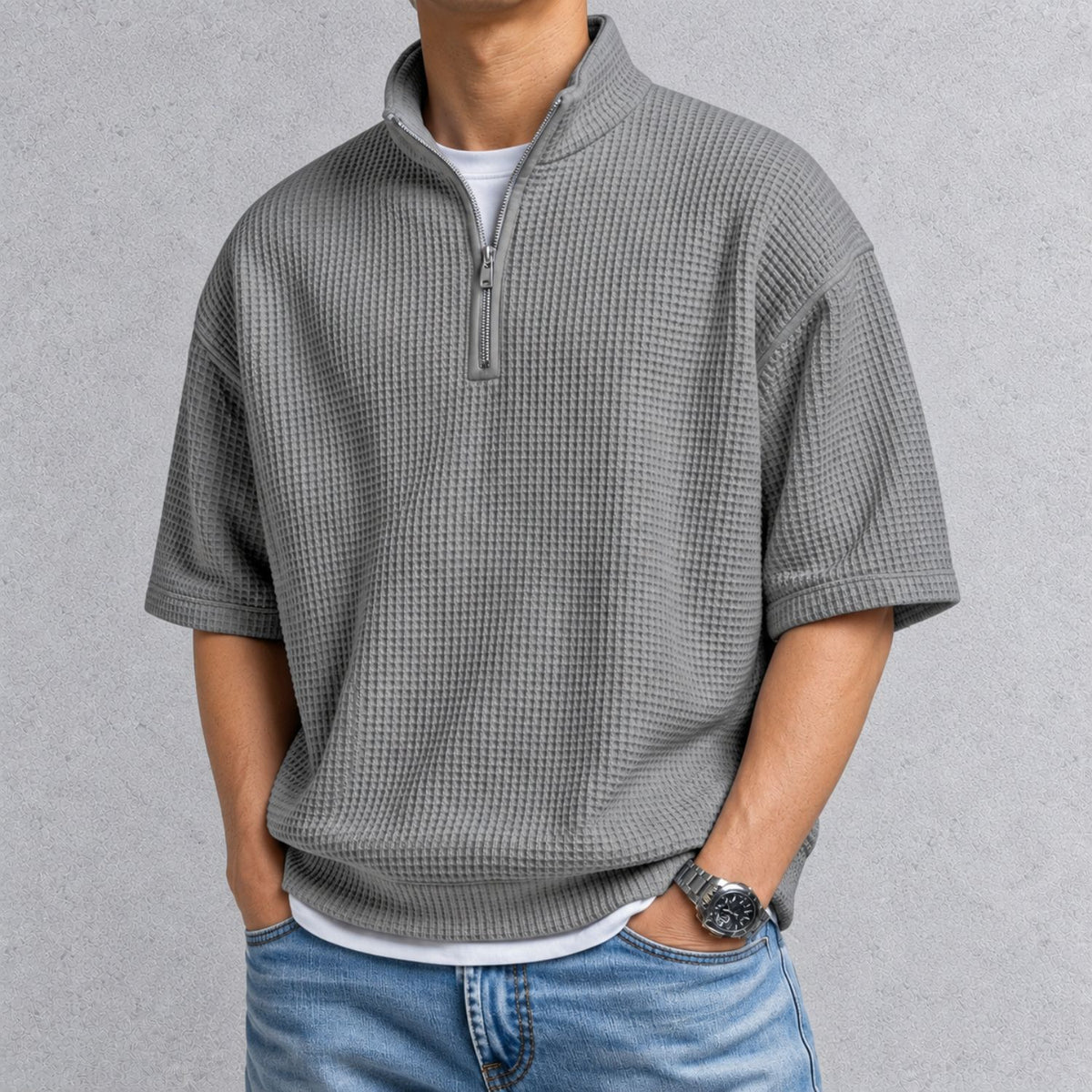 ZERVANO スタンドカラー ワッフルTシャツ