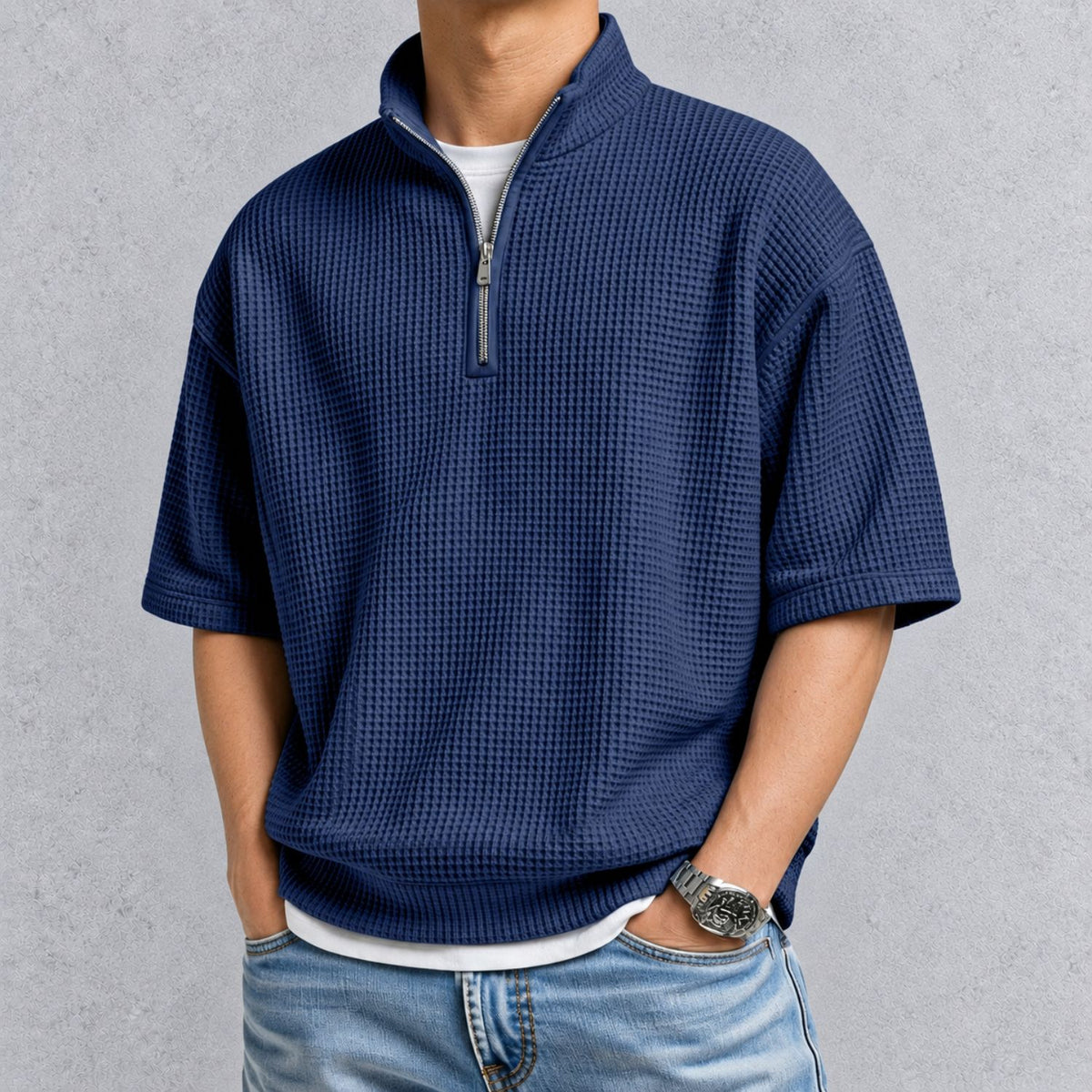 ZERVANO スタンドカラー ワッフルTシャツ