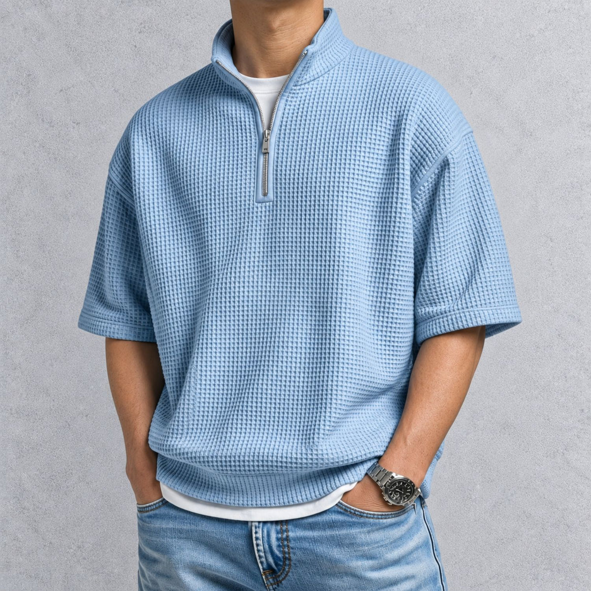 ZERVANO スタンドカラー ワッフルTシャツ