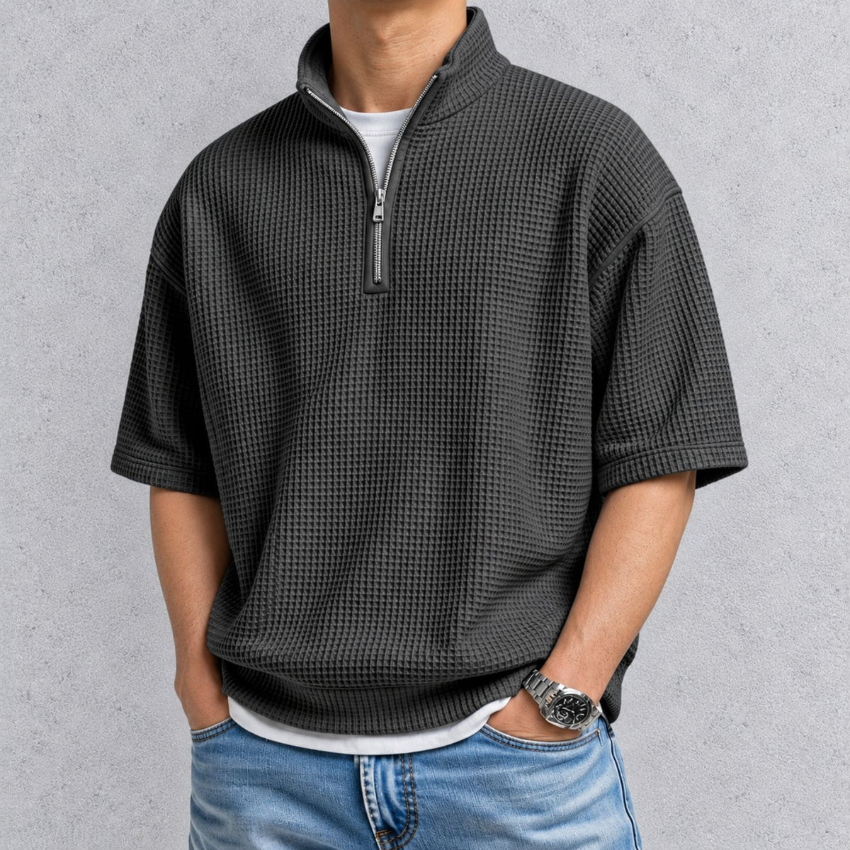 ZERVANO スタンドカラー ワッフルTシャツ