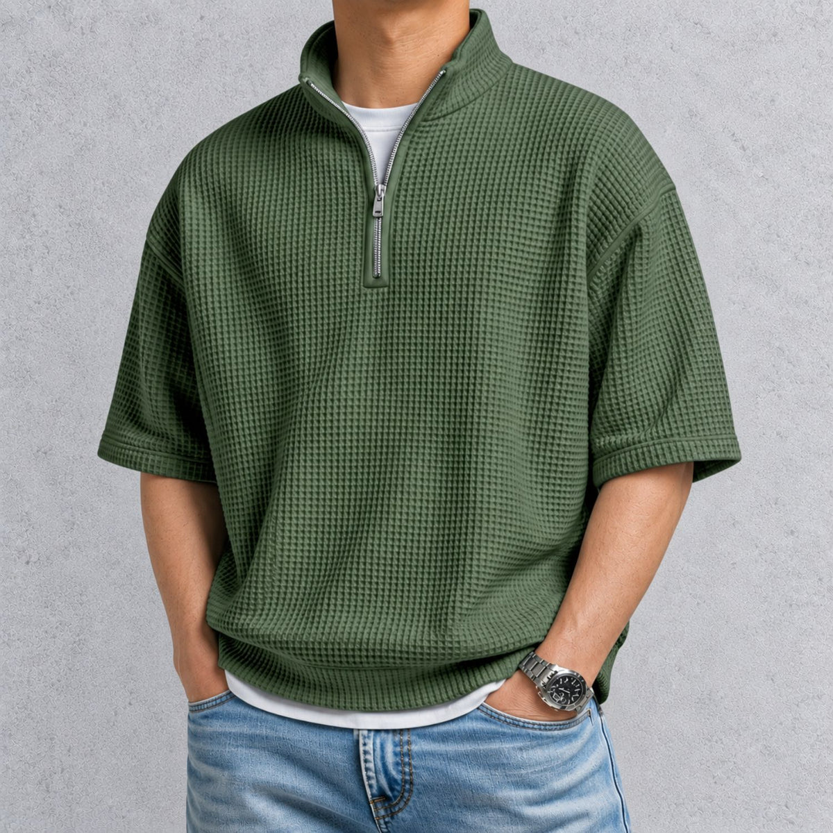 ZERVANO スタンドカラー ワッフルTシャツ