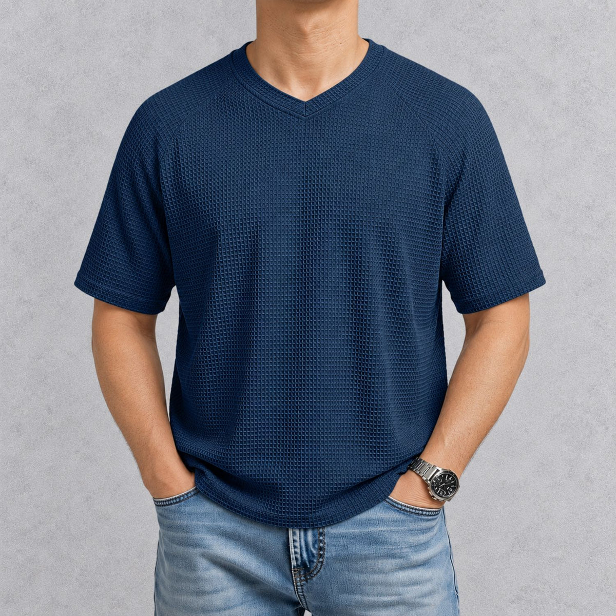 MERVAI ワッフルニット VネックTシャツ