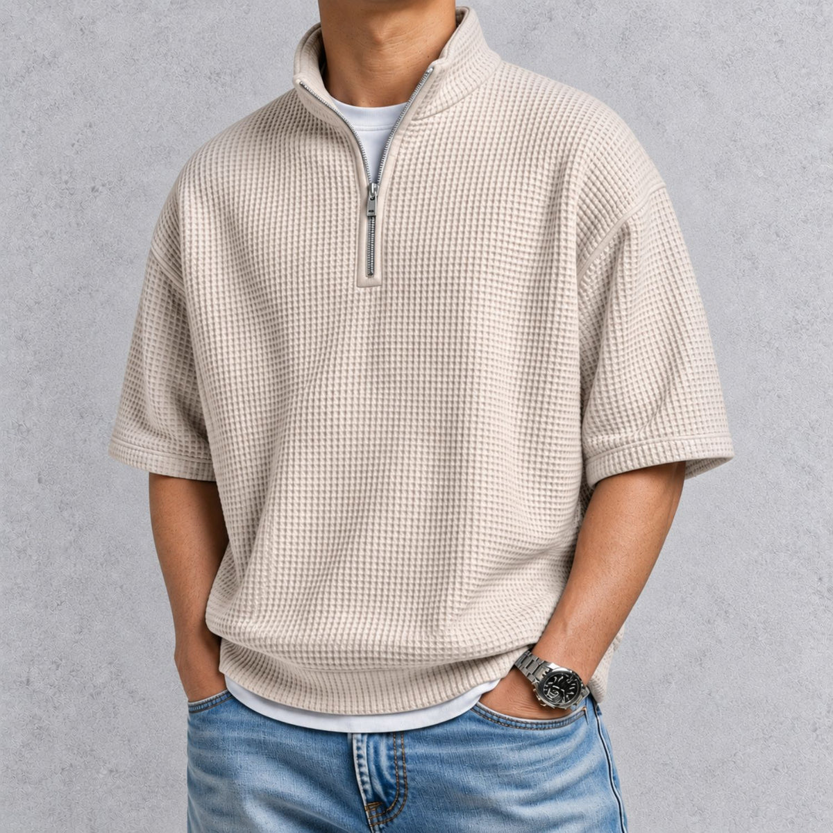 ZERVANO スタンドカラー ワッフルTシャツ