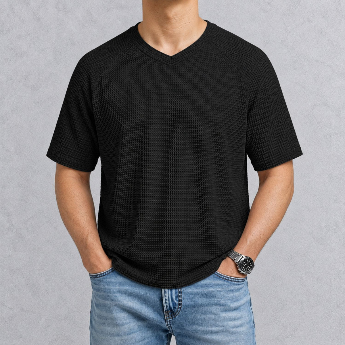 MERVAI ワッフルニット VネックTシャツ